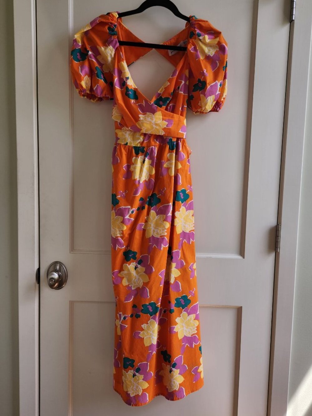 Petal & Pup Orange Floral Maxi Dress Open Back Puff Sleeve Summer Vacation US 6